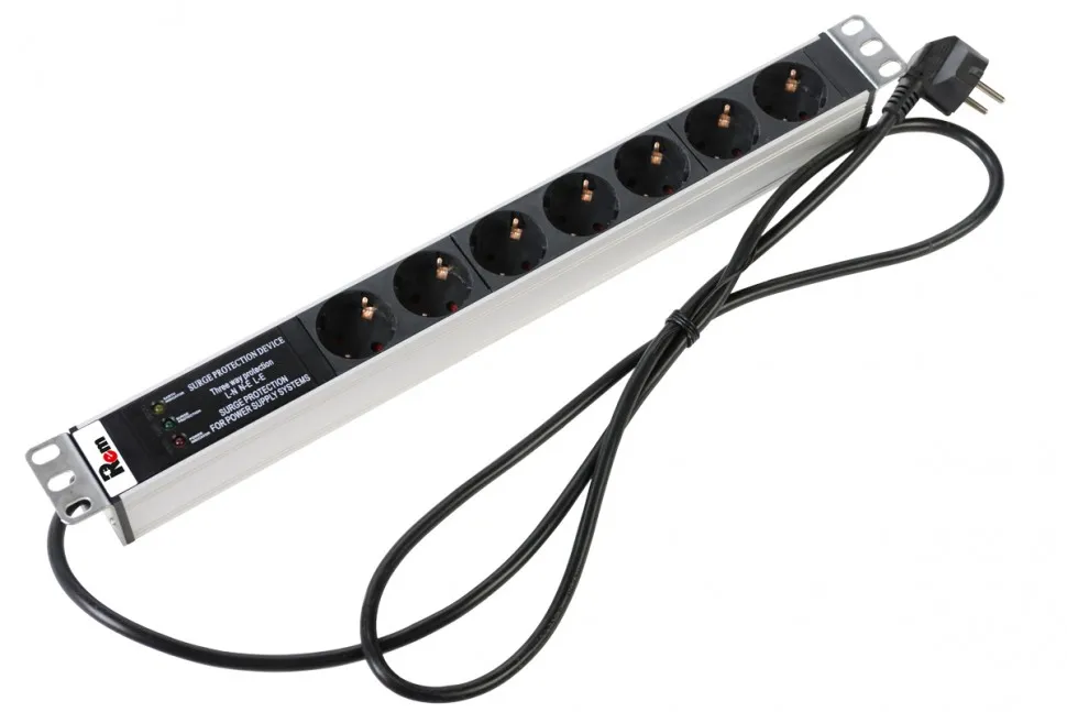 Блок розеток 19", Rem-16, с фил. и инд., 7 розеток Schuko, 16A, алюм., шнур 3м, Rem