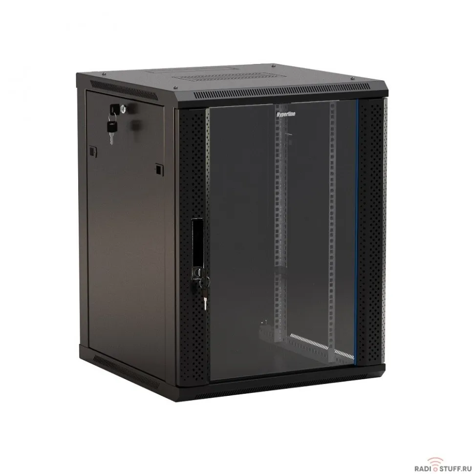 Шкаф настенный 19", 18U, (908x600х600мм), стеклянная дверь с перфорацией по бокам, ручка с замком, черный, (разобранный), Hyperline