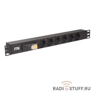 Блок розеток 6 розеток, нем. ст, с автом., 10А, 1U, вилка С14, без шнура, черный, ITK