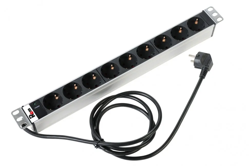 Блок розеток 19", Rem-16, с инд., 9 розеток Schuko, 16A, алюм., шнур 1,8м., Rem