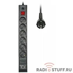 BURO Сетевой фильтр, 6 розеток, 1.8 метров, BURO BU-SP1.8_USB_2A-B, черный (коробка) {992310}