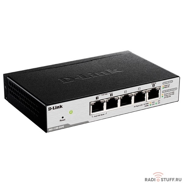 D-Link DGS-1100-05PD/U Настраиваемый коммутатор EasySmart с 5 портами 10/100/1000Base-T (2 порта с поддержкой PoE 802.3af (до 15,4 Вт), PoE-бюджет18 Вт (802.3at) или 8 Вт (802.3af), 1 порт для питания