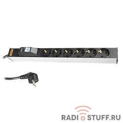Блок розеток 19", горизонтальный, 6 розеток Schuko, автоматический, с выключателем, 16A, шнур 2.5м, Hyperline