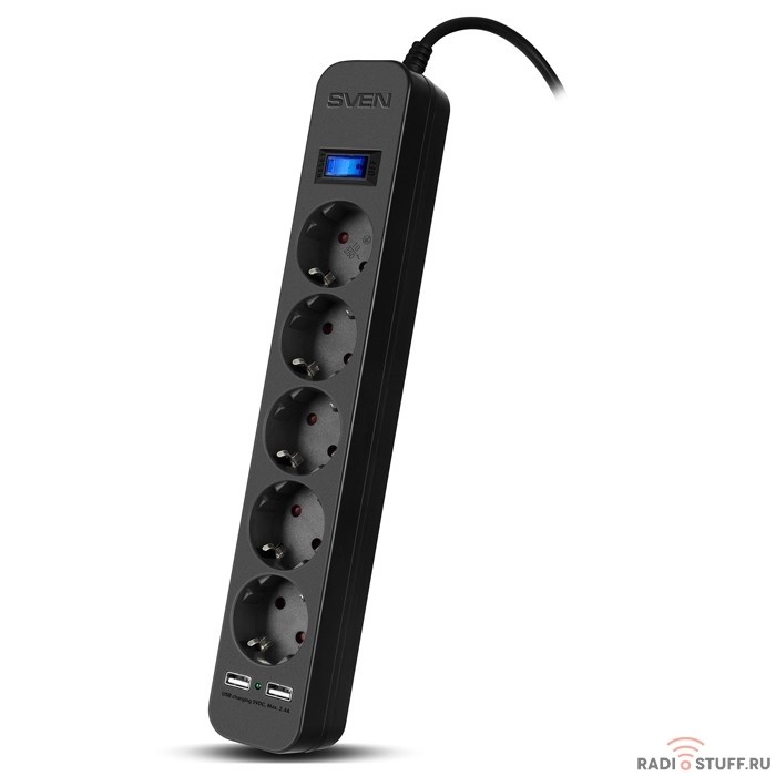 SVEN Фильтр SF-05LU 3.0 м (5 евро розеток,2*USB(2,4А)) , черный, цветная коробка [SV-018849]