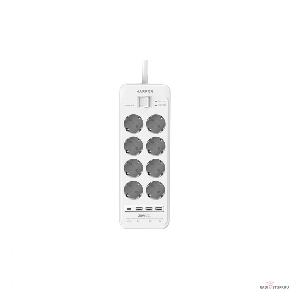 Harper Сетевой фильтр с USB зарядкой UCH-650 White PD3.0 (8 роз.,5м.,3xUSB+1xType-C портами, 4000W) {H00003209}